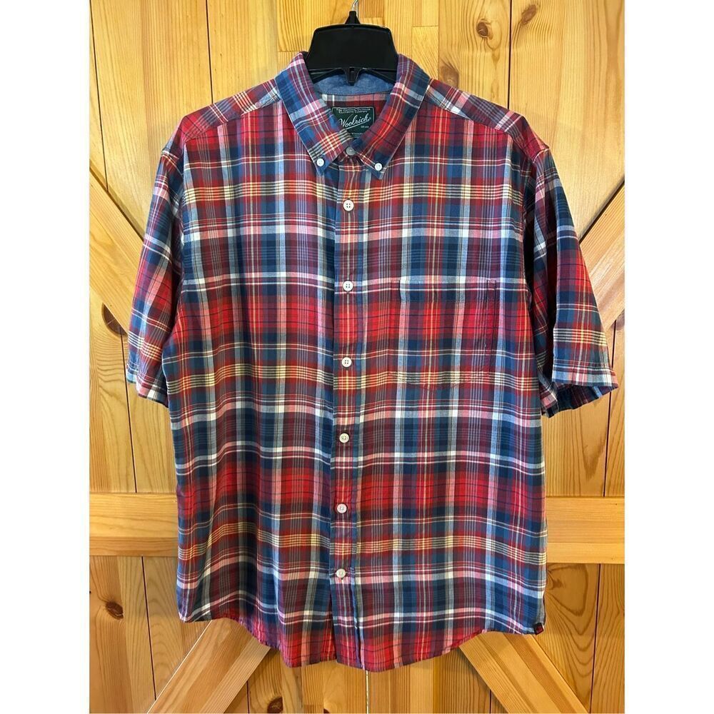 Woolrich Mens Size Large Short Sleeve Button-Down Red Plaid Shirt Pocket (8518)